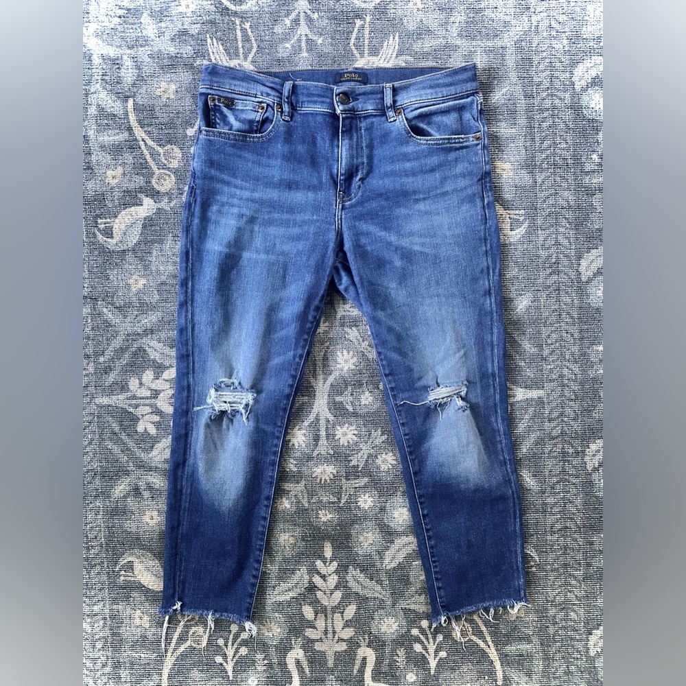 Ralph Lauren Distressed Tompkins Skinny Crop Blue Jeans